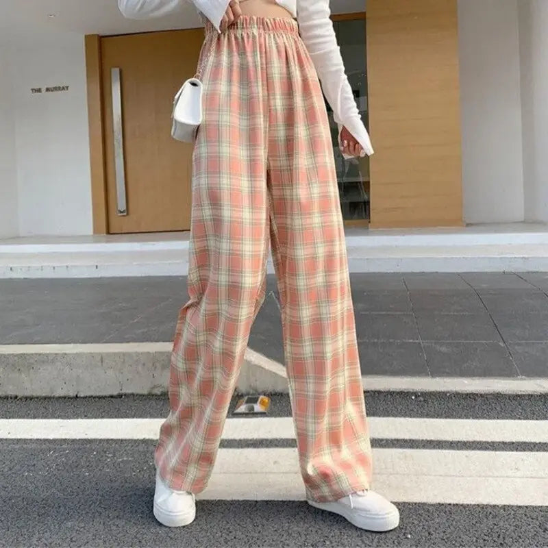 High-Waisted Casual Plaid Pants