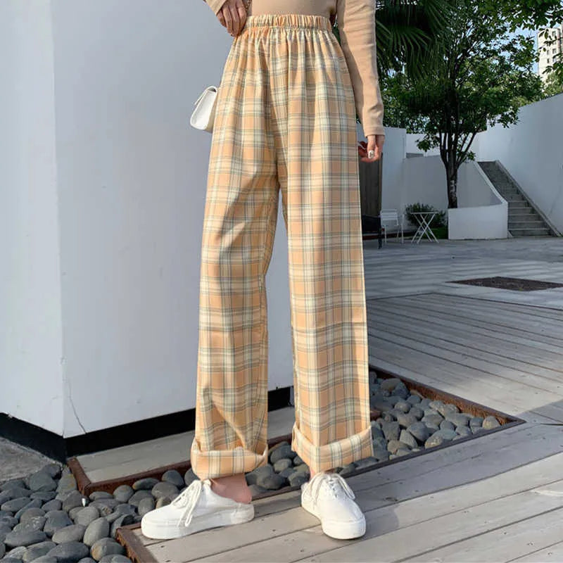 High-Waisted Casual Plaid Pants