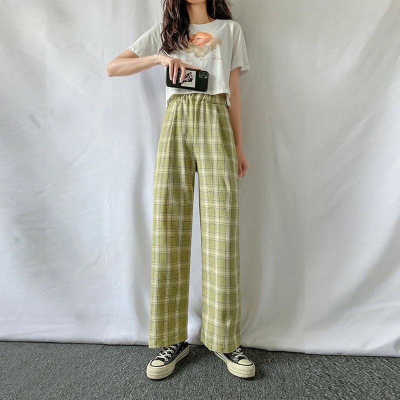 High-Waisted Casual Plaid Pants