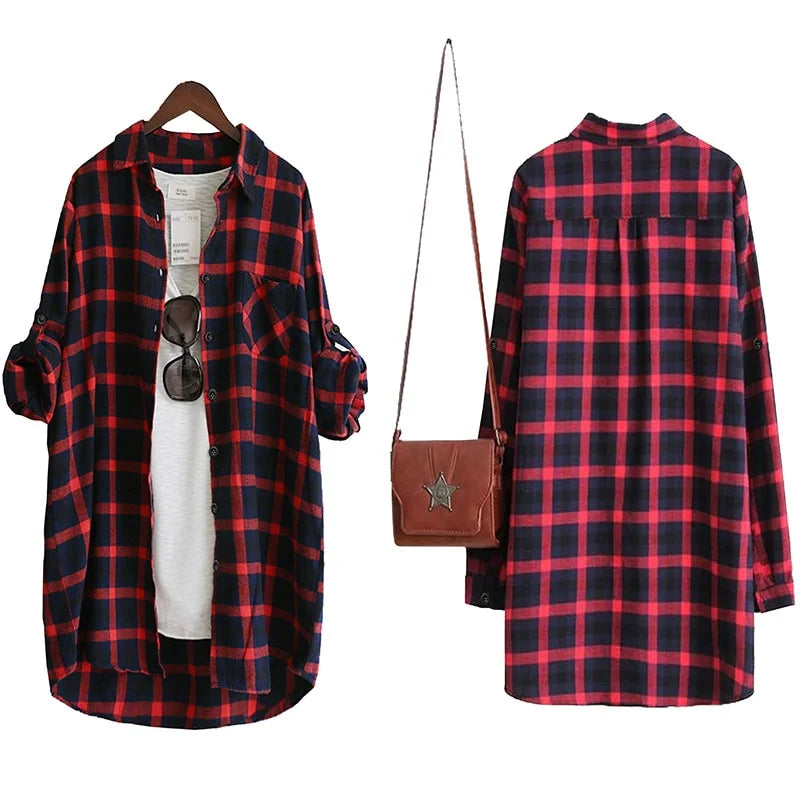 Long Blouse Plaid Shirt Tunic