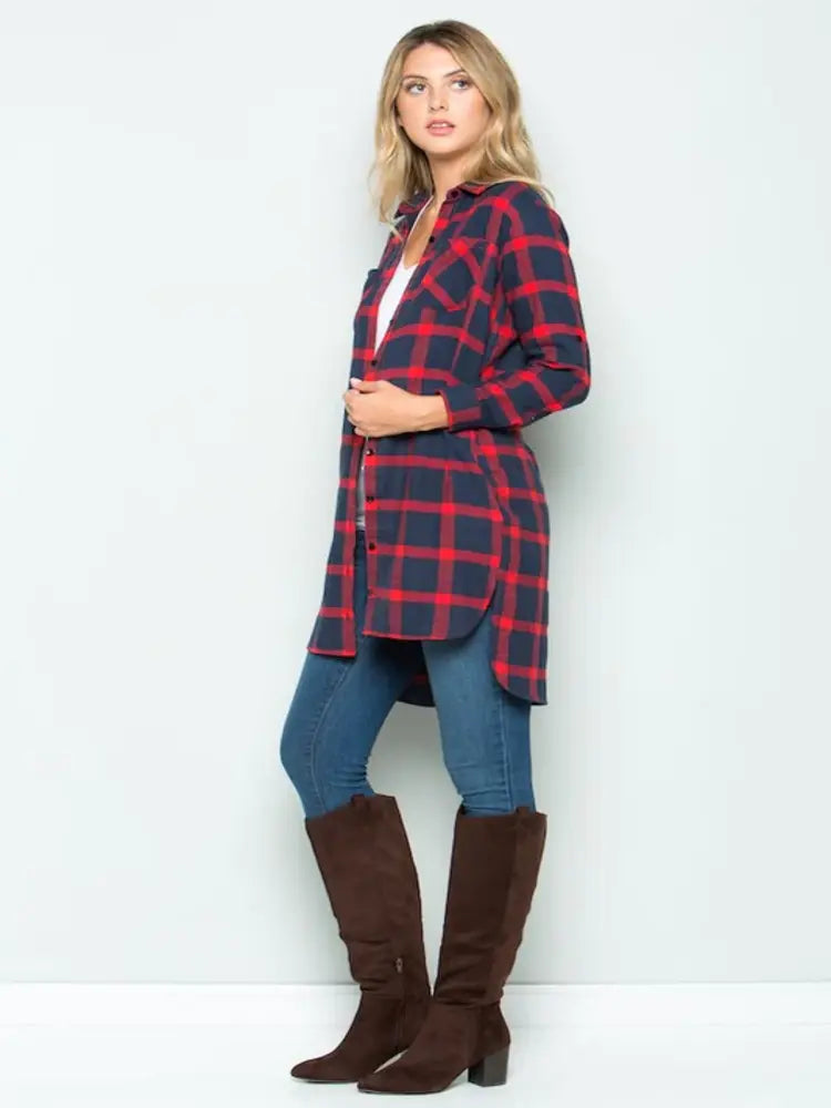 Long Blouse Plaid Shirt Tunic