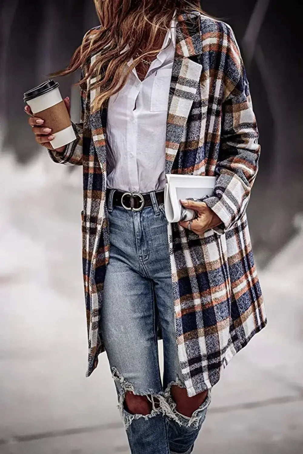 Long Casual Trendy Plaid Coat