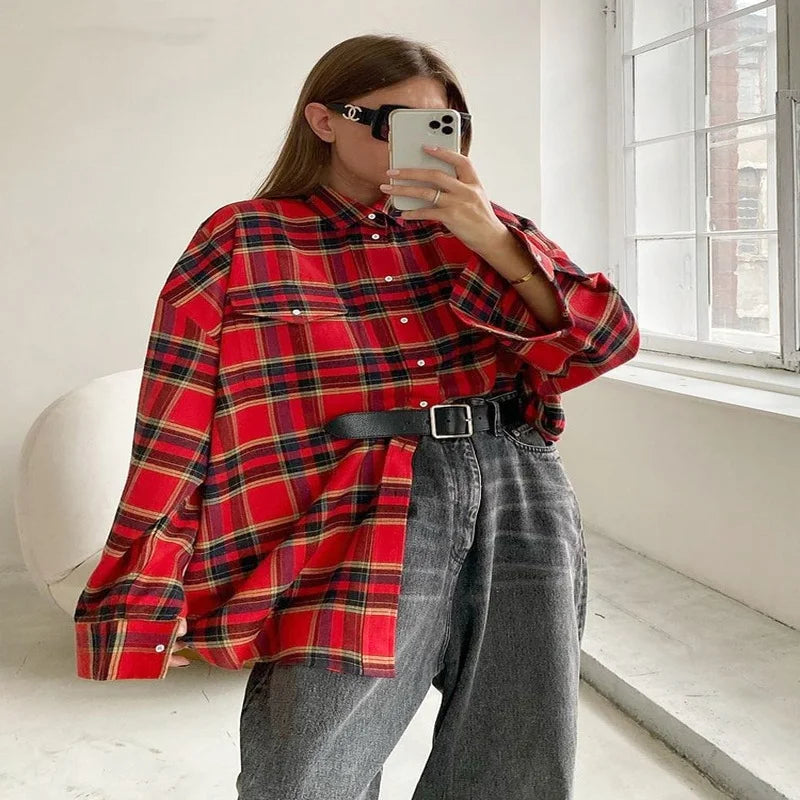 Long Oversized Plaid Shirts Jacket