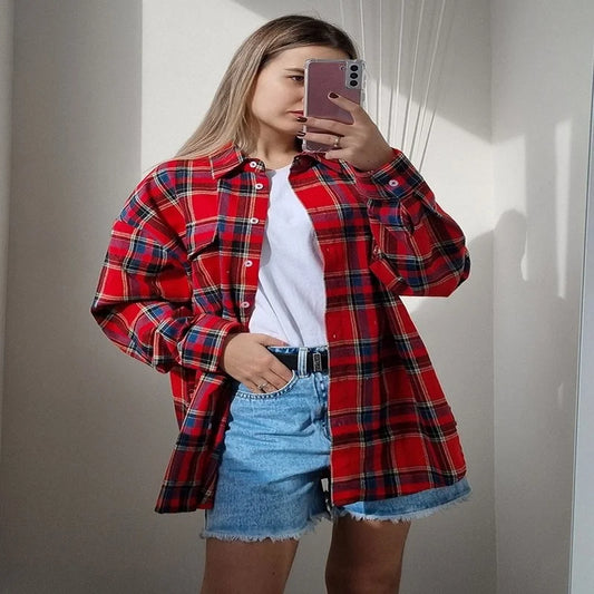 Long Oversized Plaid Shirts Jacket