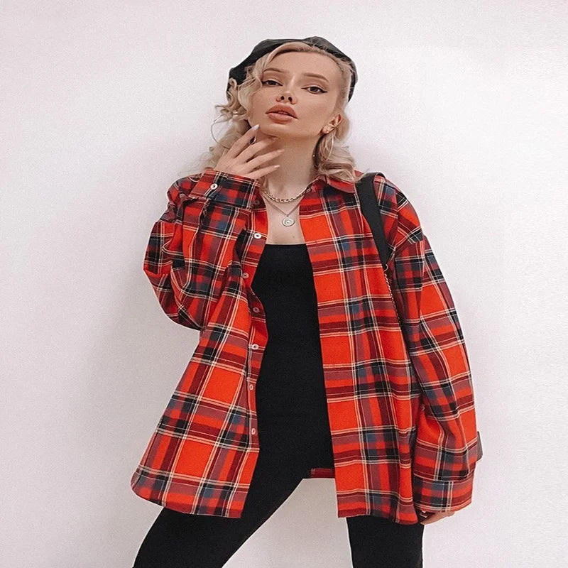 Long Oversized Plaid Shirts Jacket