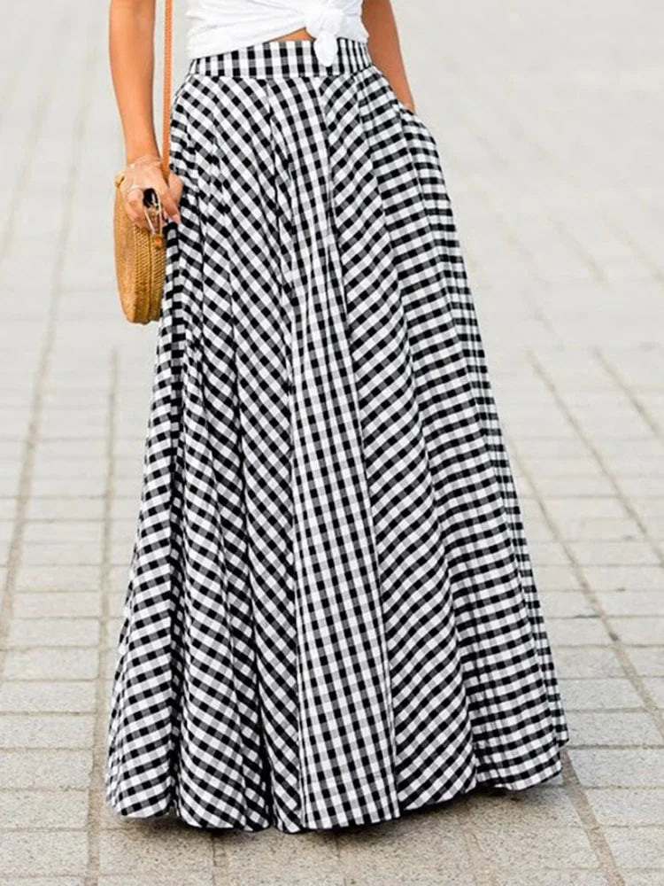 Long Wide Plaid Skirt