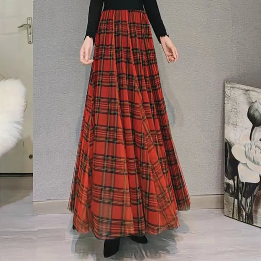 Luxury Long Wide Plaid Skirt