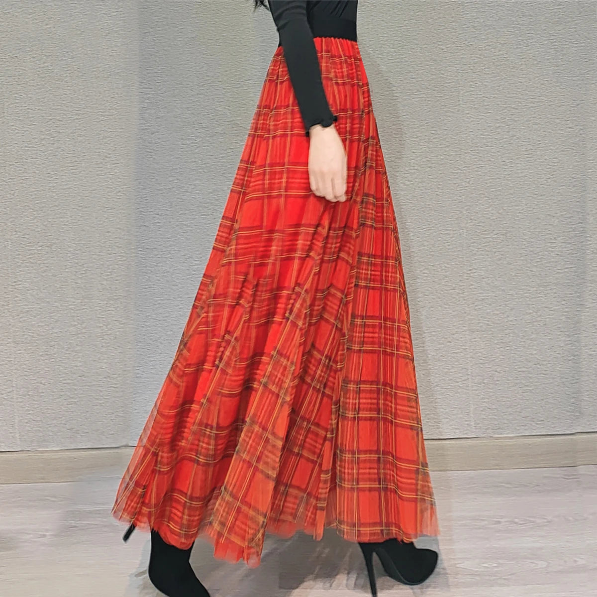 Luxury Long Wide Plaid Skirt