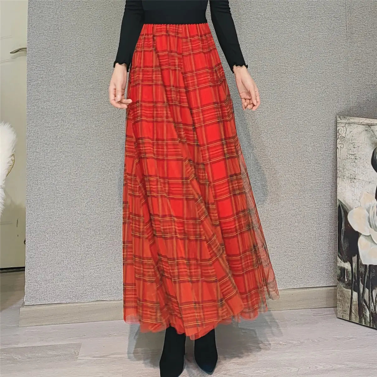 Luxury Long Wide Plaid Skirt