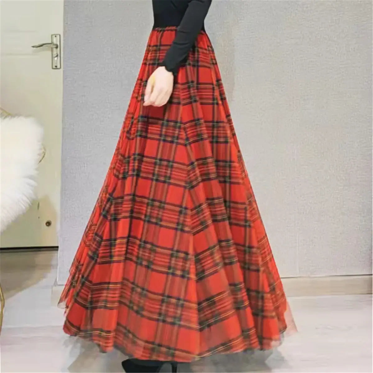 Luxury Long Wide Plaid Skirt