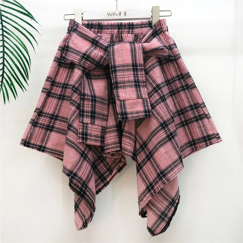 Plaid Asymmetrical Summer Skirt