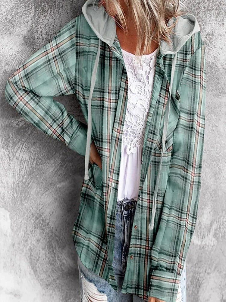 Plaid Drawstring Hoodie Jacket