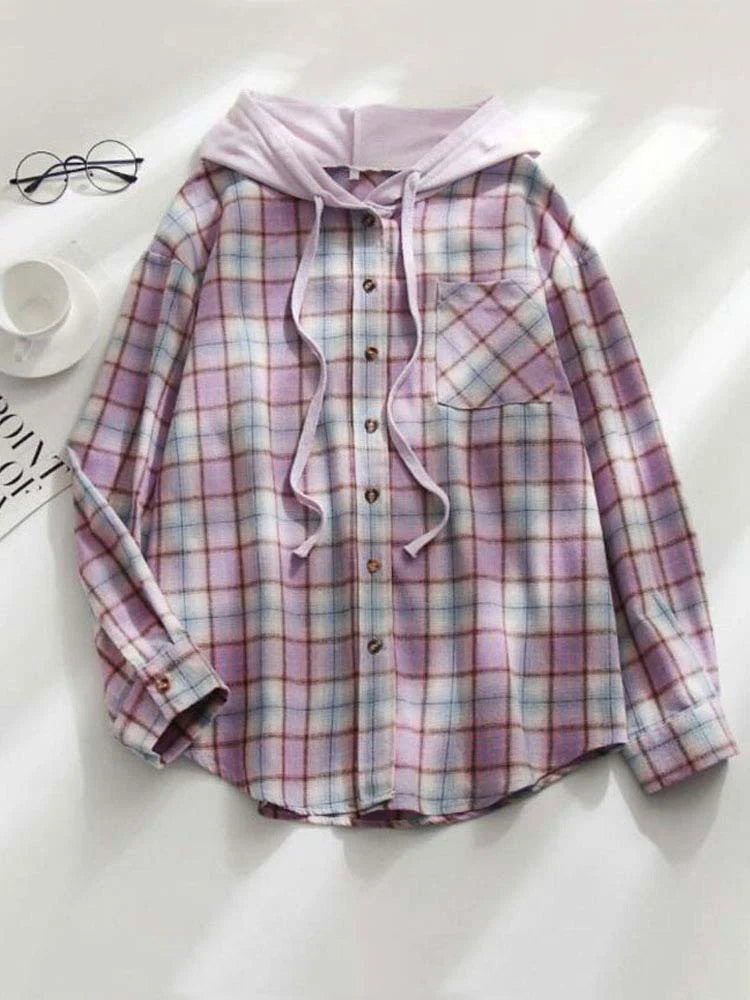 Plaid Drawstring Hoodie Jacket