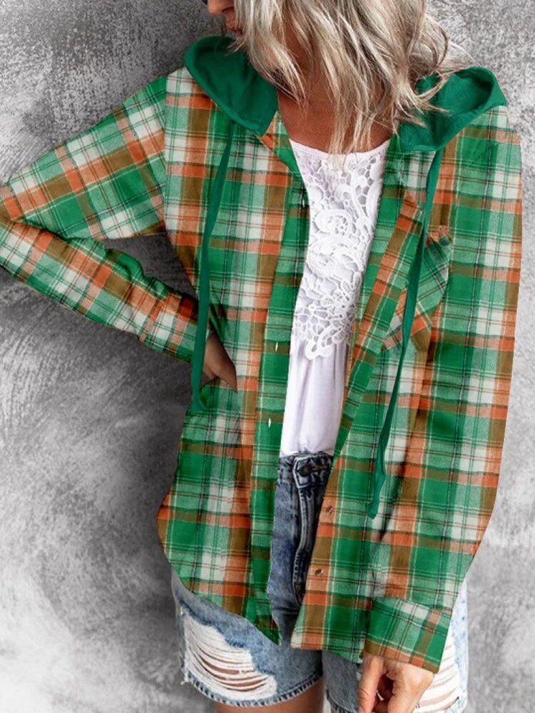 Plaid Drawstring Hoodie Jacket