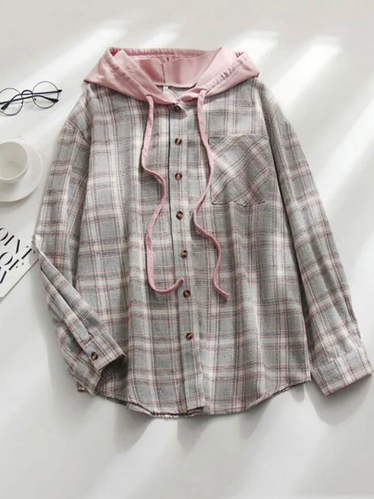 Plaid Drawstring Hoodie Jacket