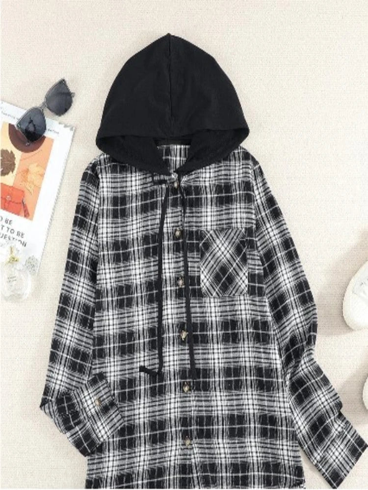 Plaid Drawstring Hoodie Jacket