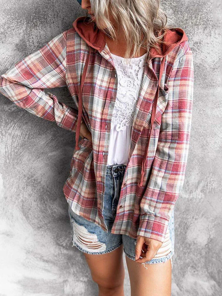 Plaid Drawstring Hoodie Jacket