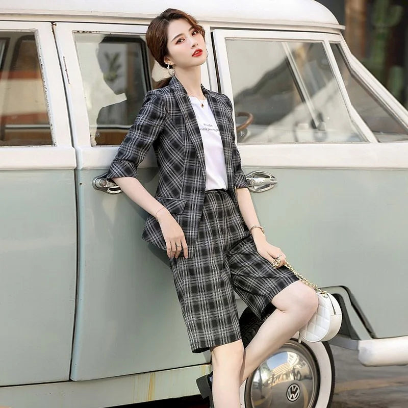 Professional Plaid Blazer And Shorts Set