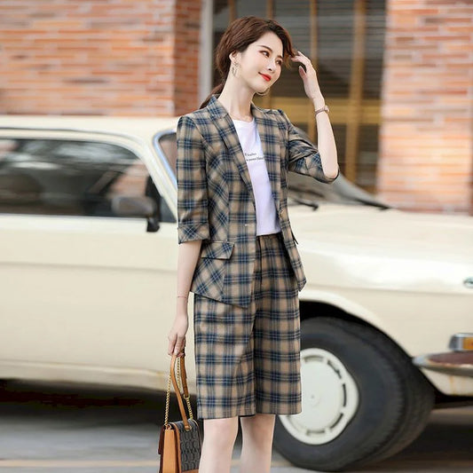 Professional Plaid Blazer And Shorts Set