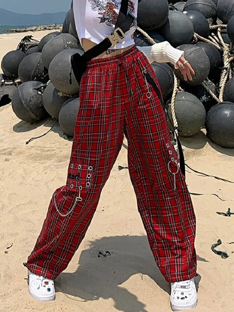 Red Plaid Cargo Chains and Belts Pants