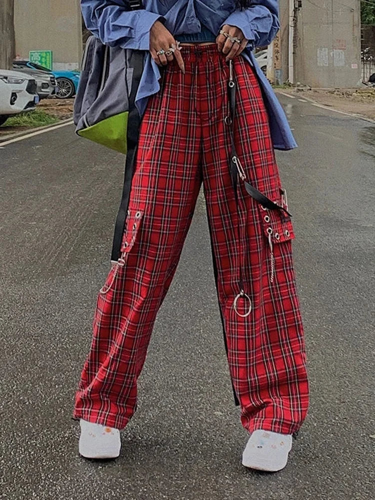 Red Plaid Cargo Chains and Belts Pants