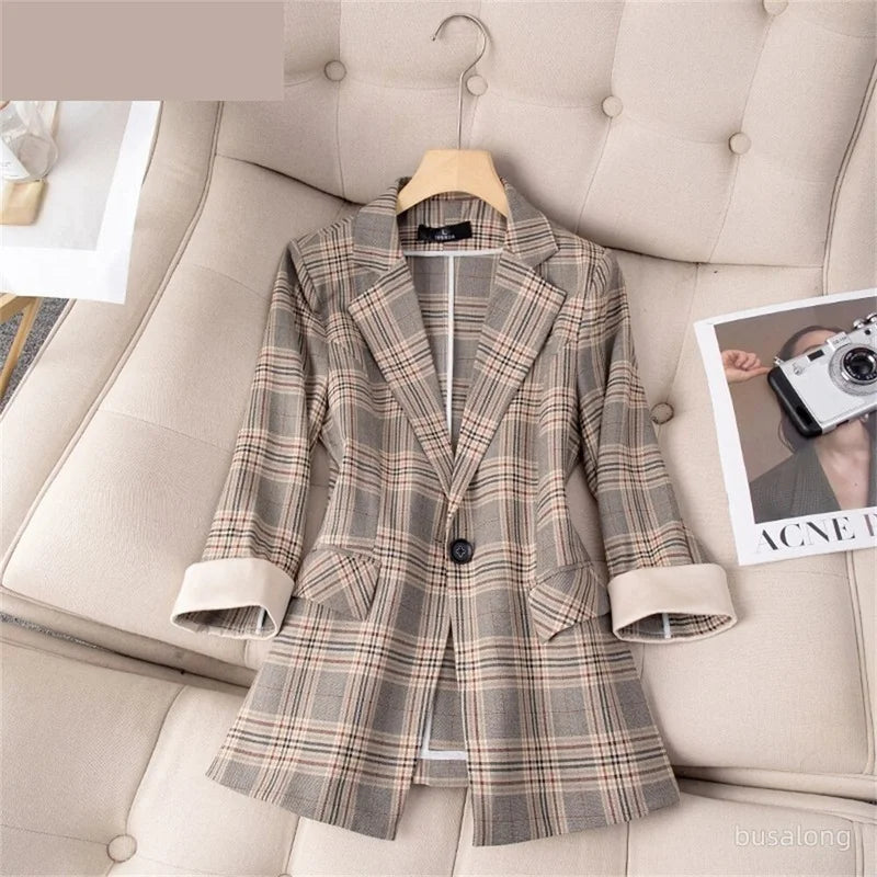 Single Button Plaid Office Blazer