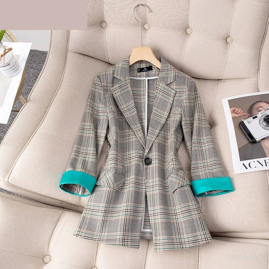 Single Button Plaid Office Blazer