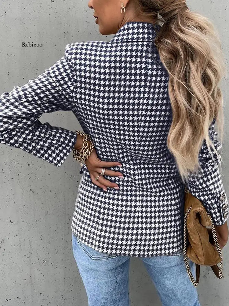 Slim Casual Houndstooth Plaid Blazer