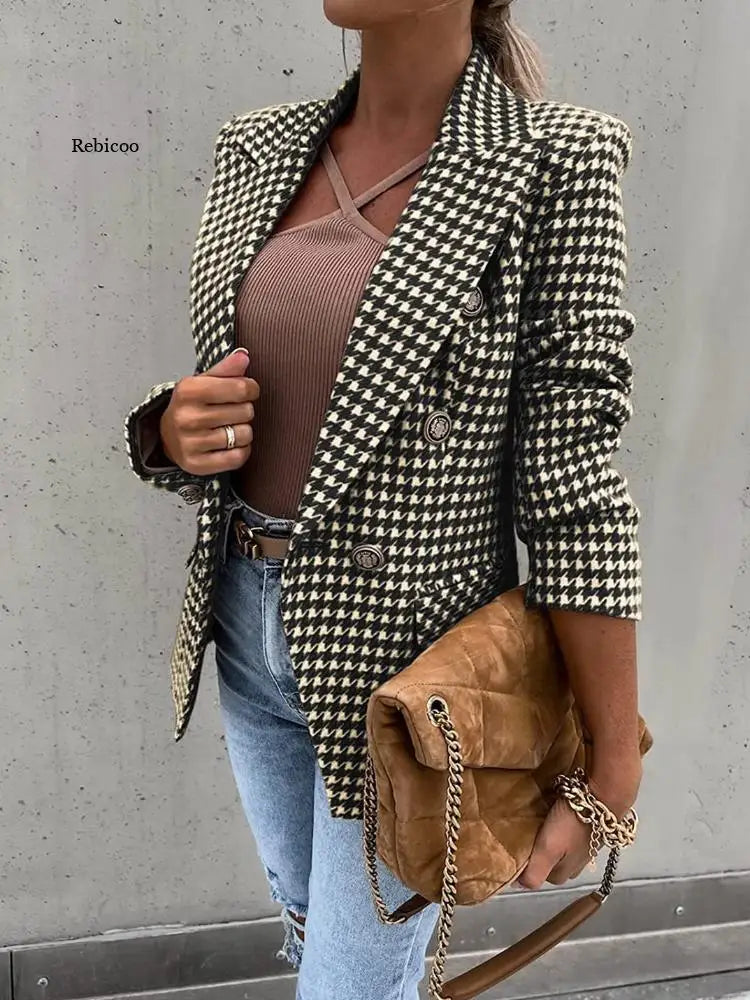 Slim Casual Houndstooth Plaid Blazer