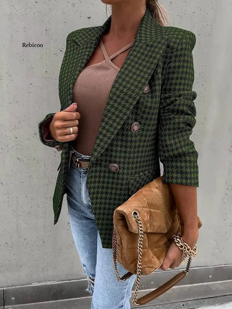 Slim Casual Houndstooth Plaid Blazer