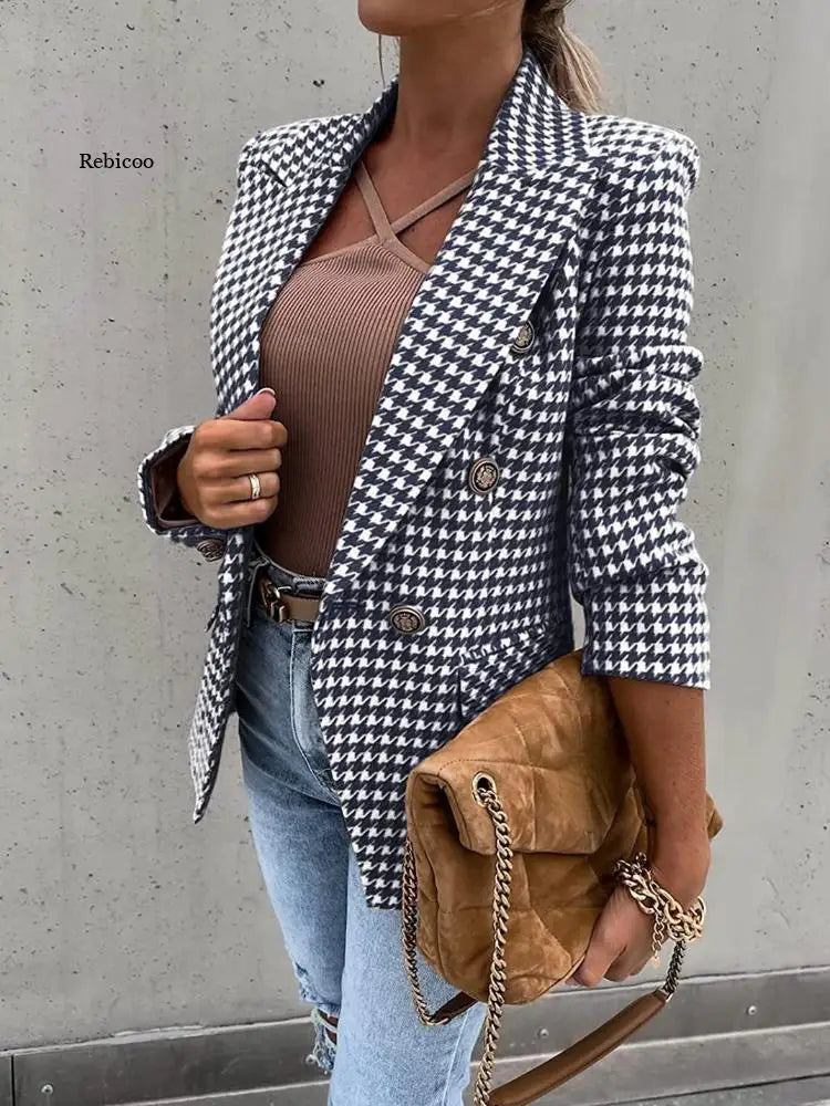 Slim Casual Houndstooth Plaid Blazer