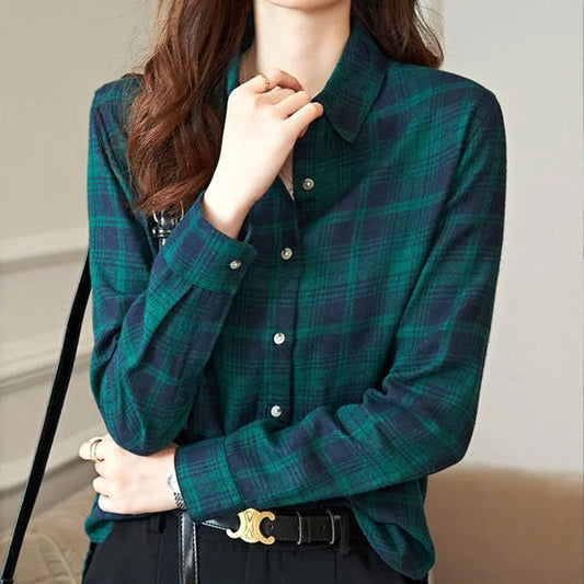 Slim Long Blouse Plaid Tunic