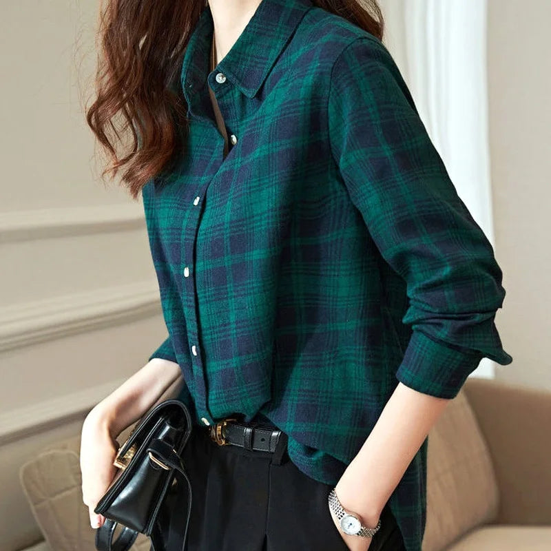 Slim Long Blouse Plaid Tunic