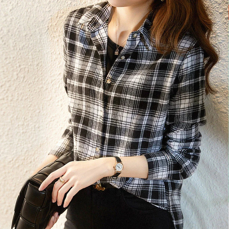 Slim Long Blouse Plaid Tunic