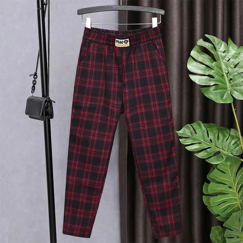 Straight Plaid Pants Elastic Waistband