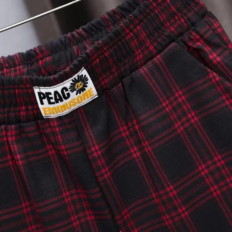 Straight Plaid Pants Elastic Waistband