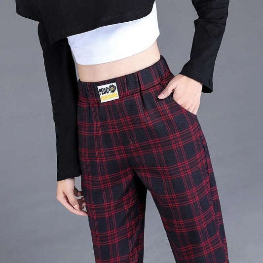 Straight Plaid Pants Elastic Waistband