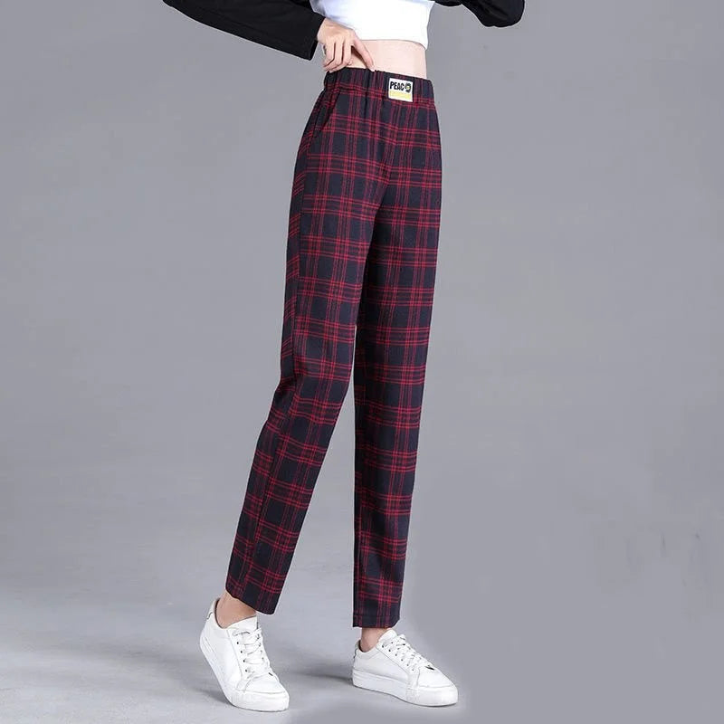 Straight Plaid Pants Elastic Waistband