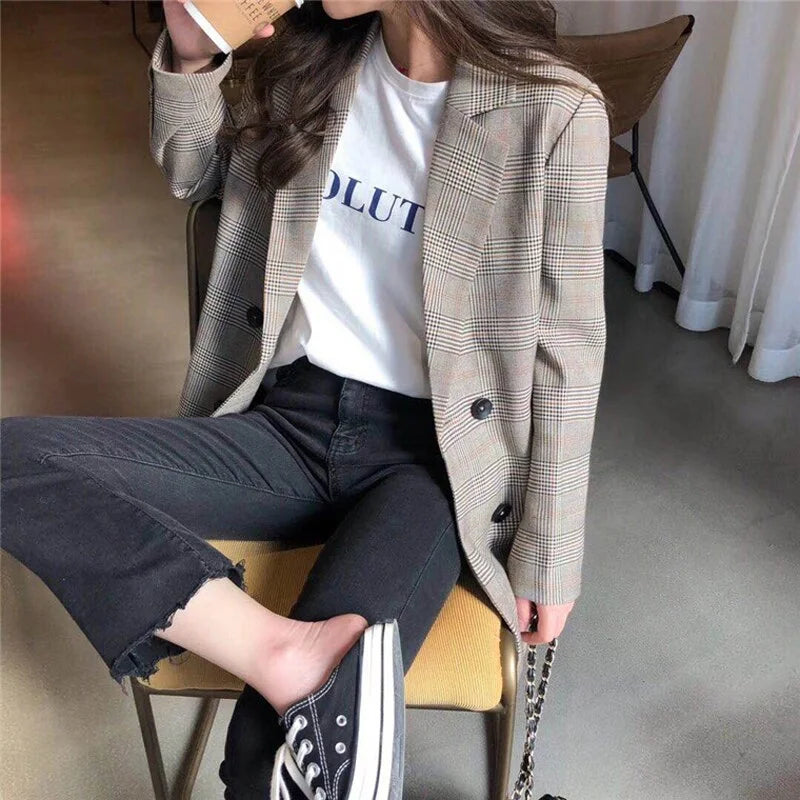 Stylish Longline Women's Plaid Blazer