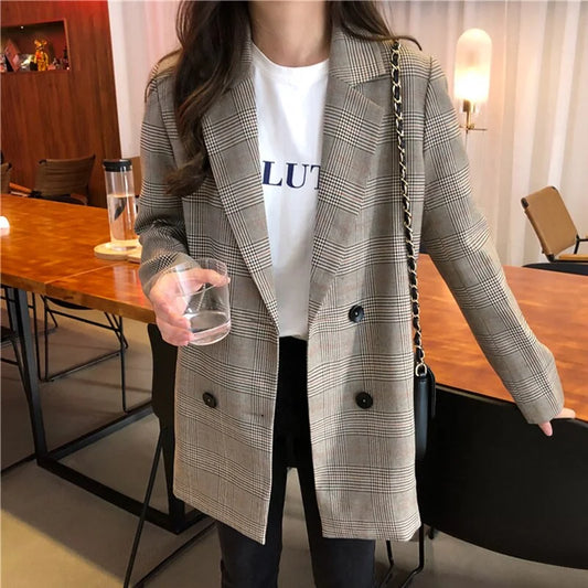 Stylish Longline Women's Plaid Blazer