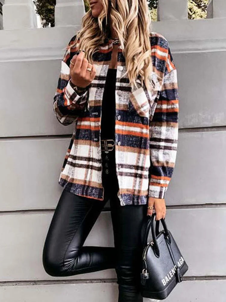 Stylish Plaid Checkered Longline Shirt For Women