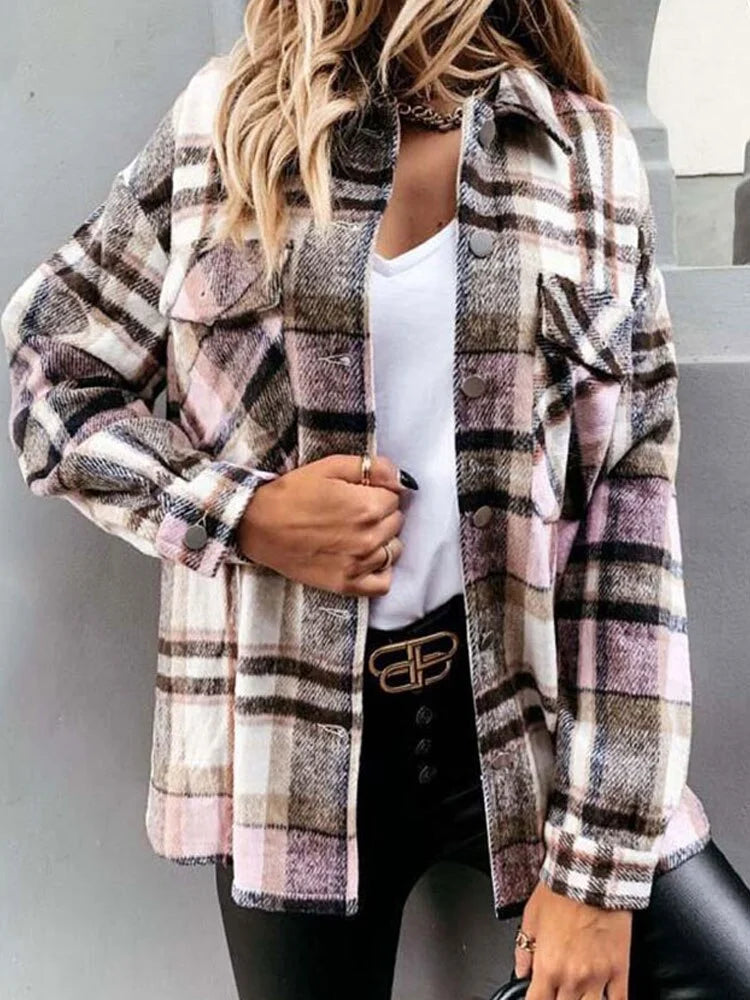 Stylish Plaid Checkered Longline Shirt For Women