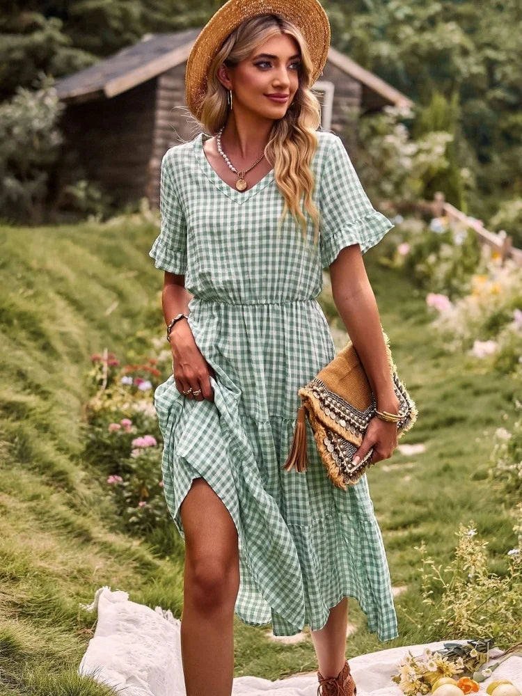 Summer Butterfly Plaid Long Dress