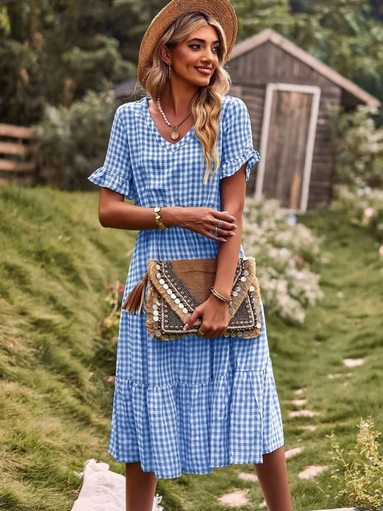 Summer Butterfly Plaid Long Dress