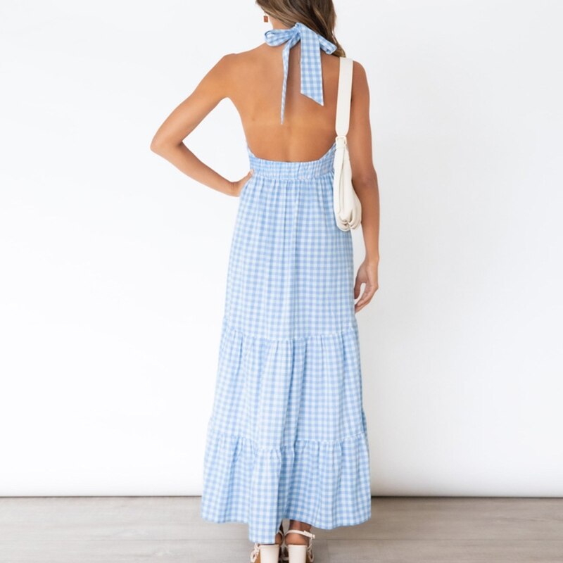 Summer Sleeveless Backless Plaid Dress