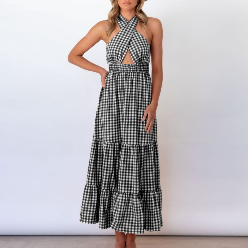 Summer Sleeveless Backless Plaid Dress