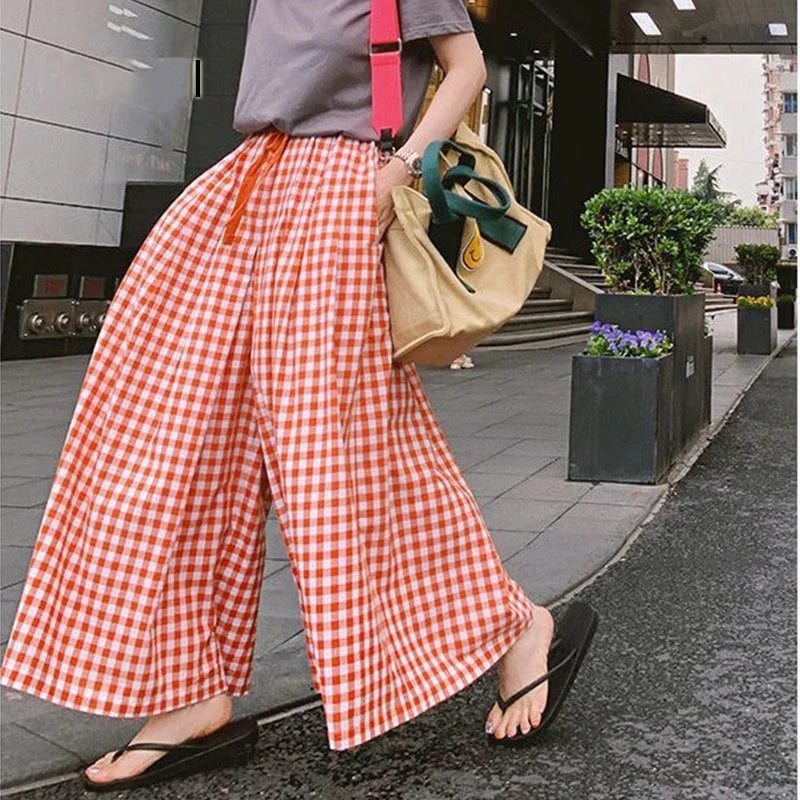 Summer Wide-Leg Plaid Pants