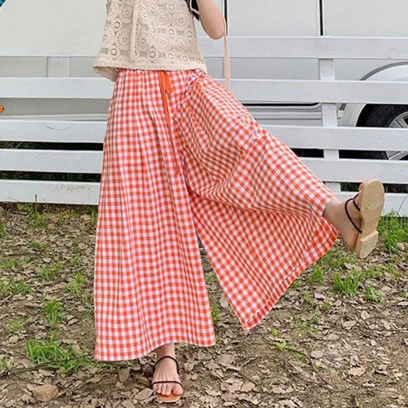 Summer Wide-Leg Plaid Pants