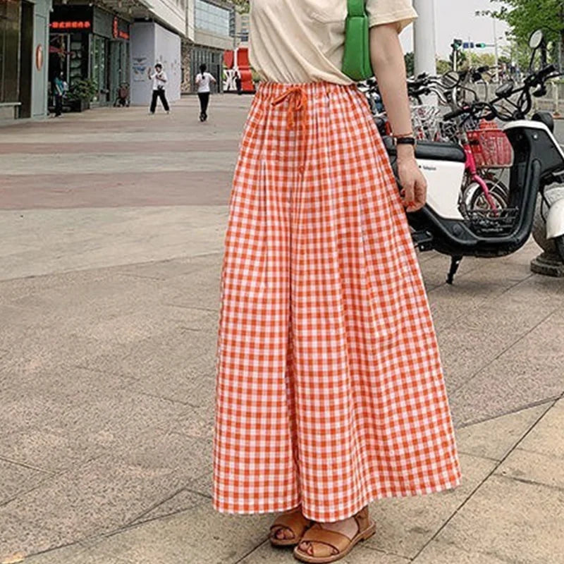 Summer Wide-Leg Plaid Pants