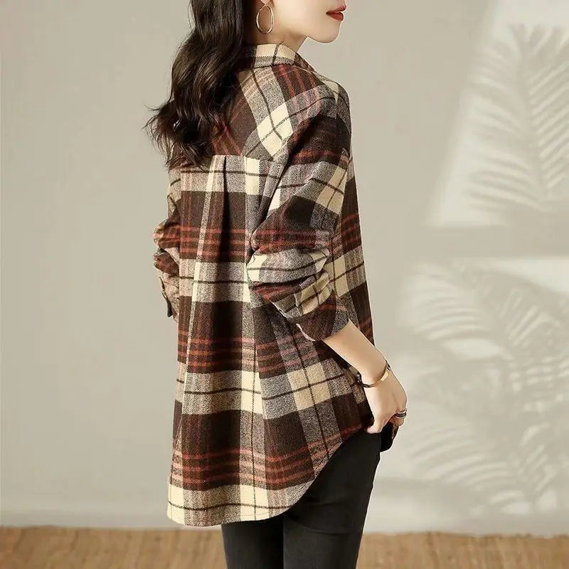 Trendy Long-Sleeve Brown Plaid Shirt